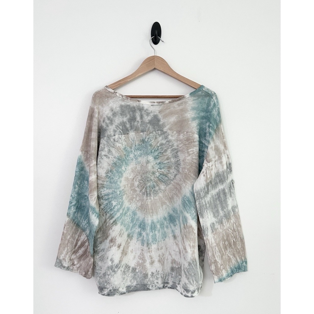 Kaktus Size Large 100% Linen Made in Italy Tie Dye Roll Tab Sleeve V-Neck Top - Picture 5 of 14